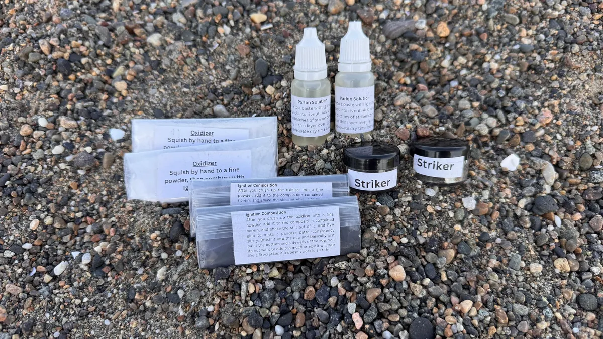 Chemical refill kit: oxidizer packets, ignition composition, Parlon solution bottles and striker jars