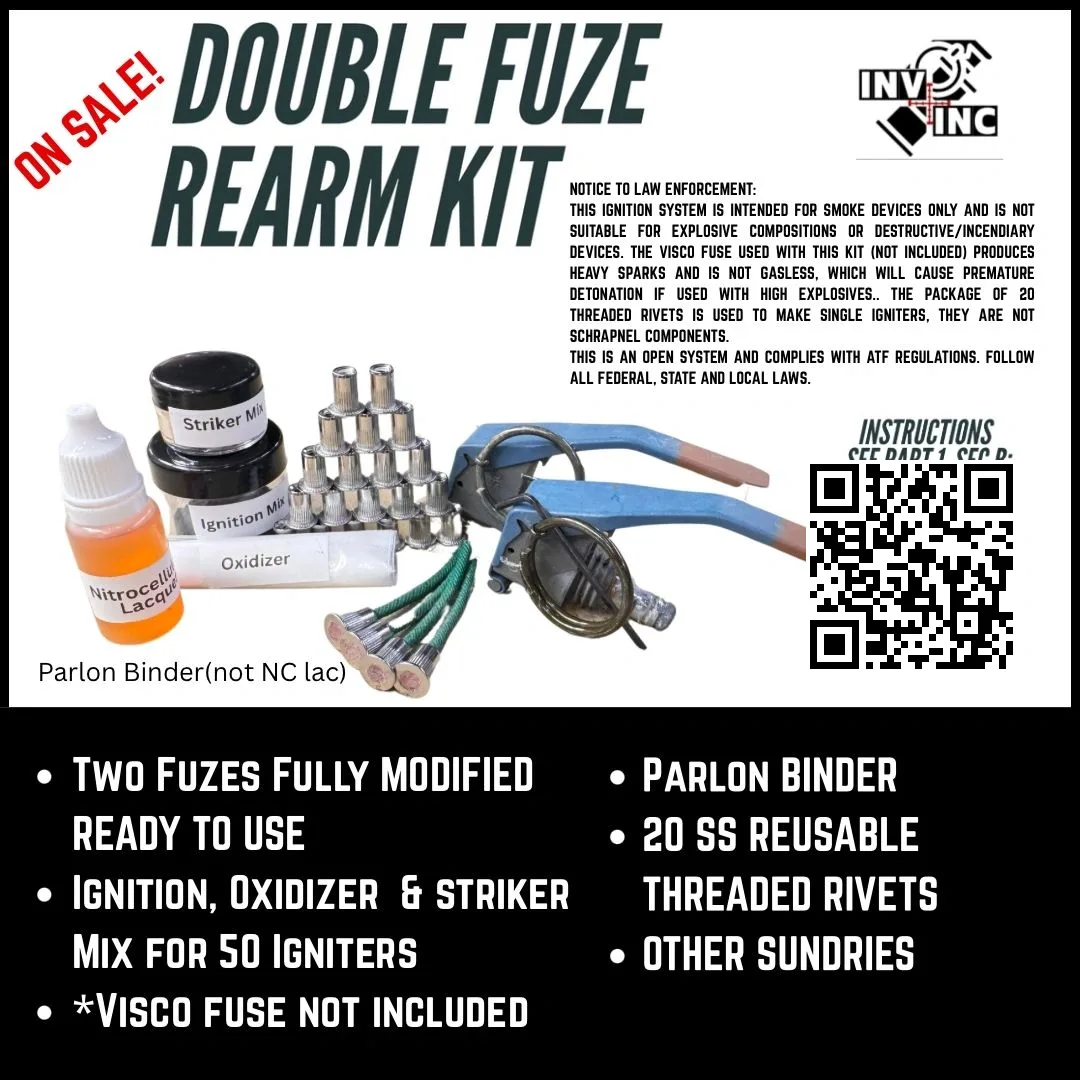 Double Fuze Rearm Kit: two modified fuzes, striker mix, ignition mix, oxidizer, binder and threaded rivets