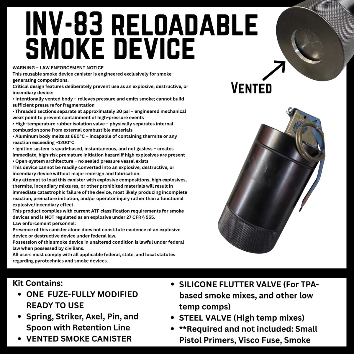 INV-83 Reloadable Smoke Device: vented black aluminum canister with fuze, plus kit contents and law-enforcement notice
