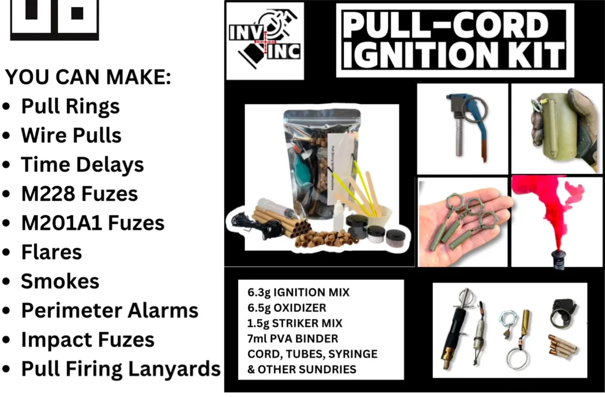 Pull-cord ignition kit contents and example pull rings, fuzes and colored smoke